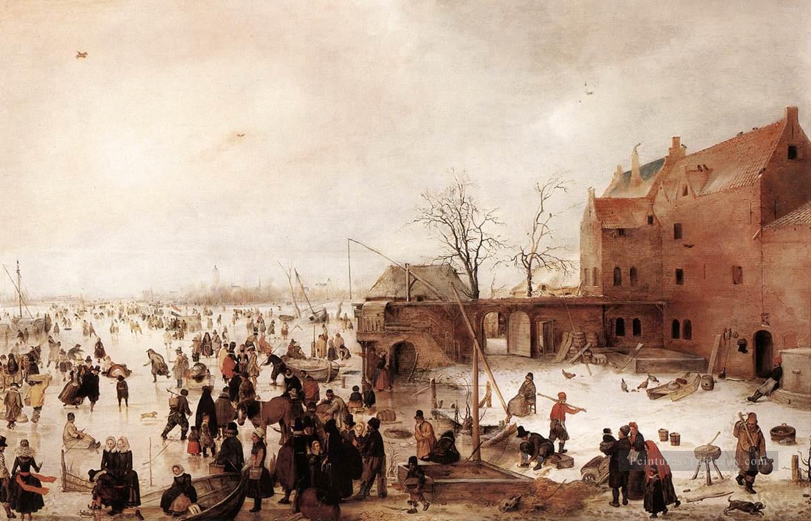 Une scène sur la glace près d’une ville 1615 hiver paysage Hendrick Avercamp Peintures à l'huile